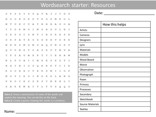 Art Resources KS3 GCSE Wordsearch Crossword Anagrams Keyword Starters Homework Cover Plenary