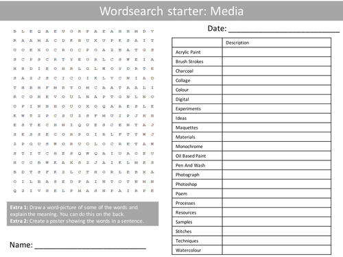 Art Media KS3 GCSE Wordsearch Crossword Anagrams Keyword Starters Homework Cover Plenary