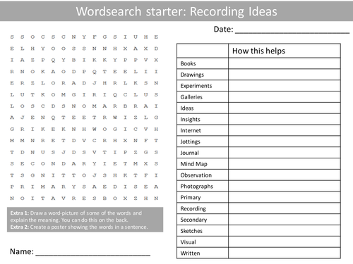 Art Recording Ideas KS3 GCSE Wordsearch Crossword Anagrams Keyword Starters Homework Cover Plenary