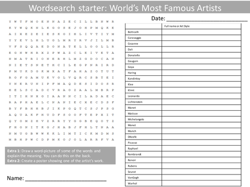 Art Famous Artists KS3 GCSE Wordsearch Crossword Anagrams Keyword Starters Homework Cover Plenary