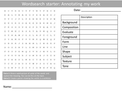 Art Annotating Work KS3 GCSE Wordsearch Crossword Anagrams Keyword Starters Homework Cover Plenary