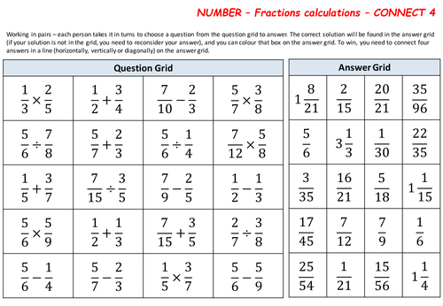 Calculating with fractions and mixed number - Connect 4 game by ...