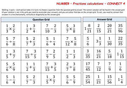 Calculating with fractions and mixed number - Connect 4 game