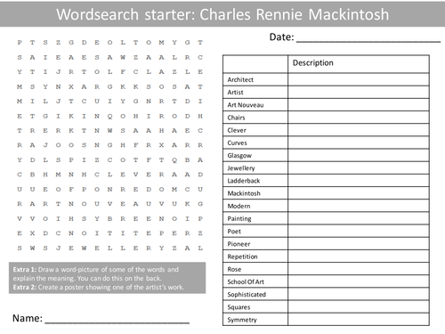 Art Charles Rennie Mackintosh Wordsearch Crossword Anagrams Keyword Starters Homework Cover Homewwor