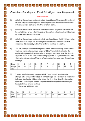 National 5 Lifeskills Container Packing and First Fit Algorithms Worksheet