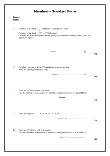 Numbers - Standard Form Worksheet | Teaching Resources