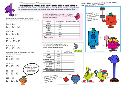 Rounding decimals and estimation - fun Mr Men resource