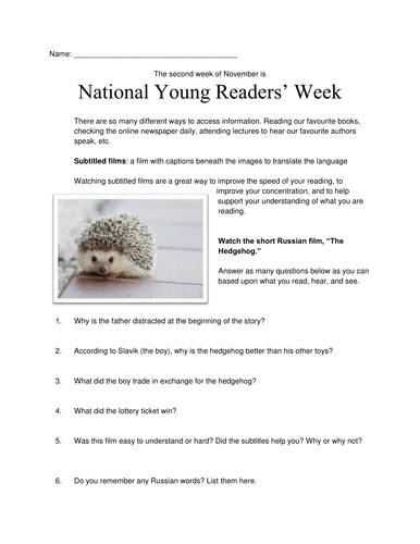 National Young Readers Week: "The Hedgehog"Handout
