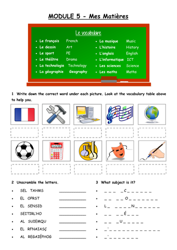 Les matieres / Subjects in French