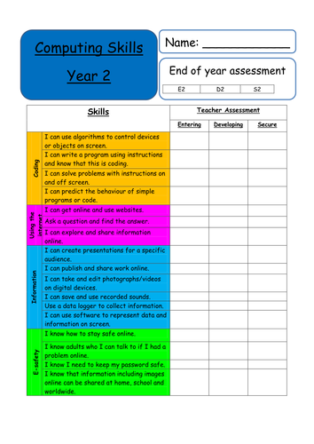 Year 2 -  Computing Skills -  Teacher assessment sheet -  curriculum (2014) KS1