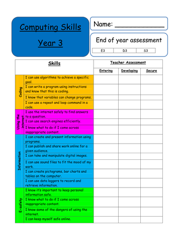 Year 3 - Computing Skills Teacher assessment sheet (Curriculum 2014) KS2