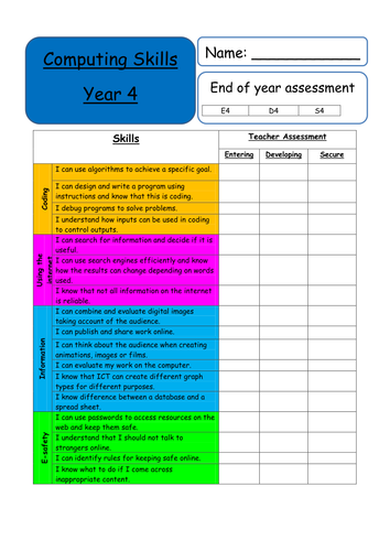 Year 4 - Computing Skills Teacher assessment sheet (Curriculum 2014) KS2