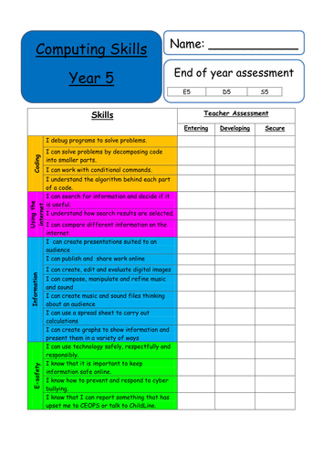 Year 5 - Computing Skills Teacher assessment sheet (Curriculum 2014) KS2