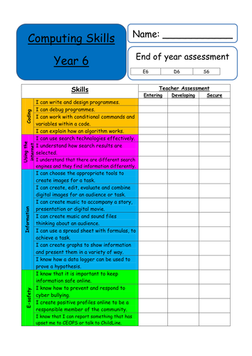 Year 6 - Computing Skills Teacher assessment sheet (Curriculum 2014) KS2