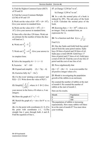 Maths 9-1 New Specification GCSE Set 5 Revision booklet