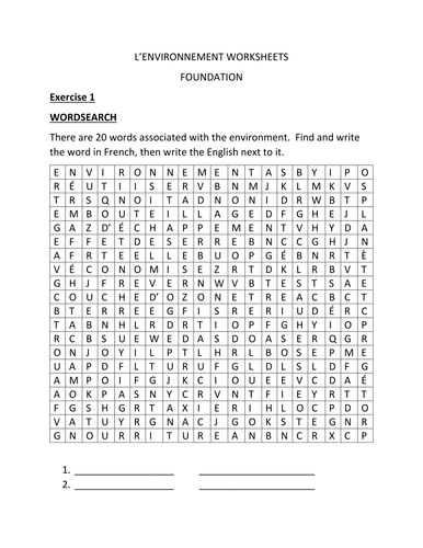 L'ENVIRONNEMENT WORKSHEETS (FOUNDATION)