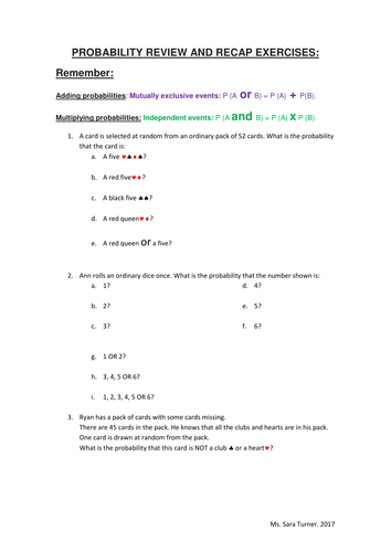 Probability Exercises. Year 9. Mutually exclusive events and independent events.