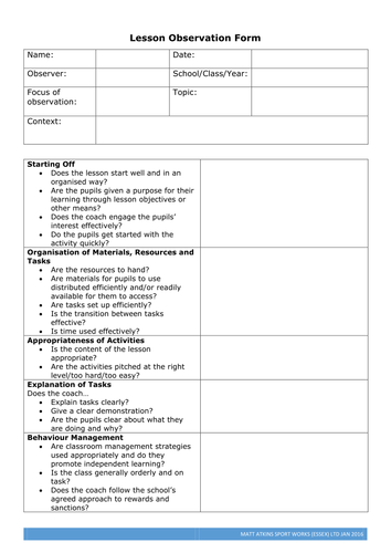 PE Lesson Observation Forms | Teaching Resources