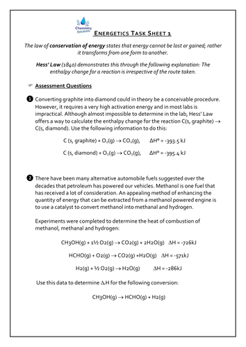 Hess' Law Calculations Worksheet