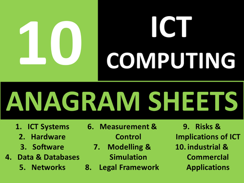 10 Anagram Sheets ICT Computing GCSE or KS3 Keyword Starters Crossword Homework or Cover Lesson
