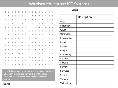 ICT Computing Systems KS3 GCSE Wordsearch Crossword Anagrams Alphabet Keyword Starter Homework Cover