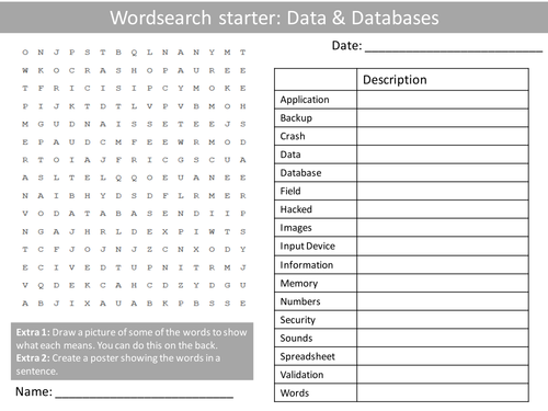ICT Computing Data Databases KS3 GCSE Wordsearch Crossword Anagrams Alphabet Keyword Starter Cover