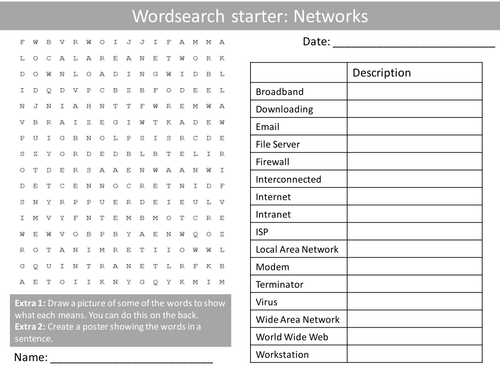 ICT Computing Networks KS3 GCSE Wordsearch Crossword Anagrams Alphabet Keyword Starter Hwk Cover