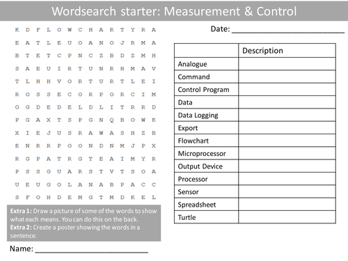 ICT Computing Measurement & Control KS3 GCSE Wordsearch Crossword Anagrams Alphabet Keyword Starter