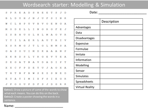ICT Computing Modelling & Simulation KS3 GCSE Wordsearch Crossword Anagrams Alphabet Keyword Starter