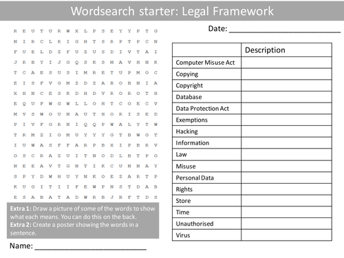 ICT Computing Legal Framework KS3 GCSE Wordsearch Crossword Anagrams Alphabet Keyword Starter Hwk