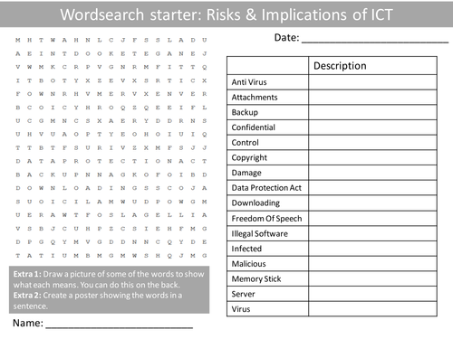 ICT Computing Risks & Implications KS3 GCSE Wordsearch Crossword Anagrams Alphabet Keyword Starter
