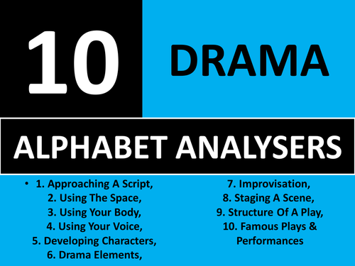 10 x Drama Alphabet Brainstorm Analysers GCSE or KS3 Keyword Starters Homework or Cover Lesson