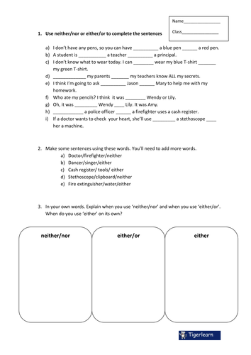 Either - Or, Neither - Nor, 2 worksheets based around occupations and equipment.