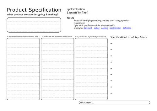 Product Specification Worksheet