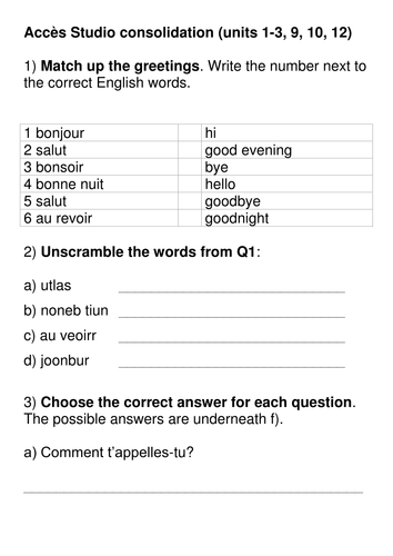 Acces Studio consolidation worksheets for units 1, 2, 3, 9, 10 and 12