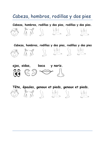 Cabeza, hombros, rodillas y dos pies - Heads, shoulders, kness and toes in Spanish