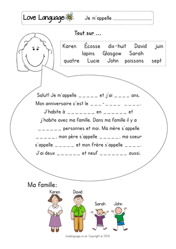 French All About Me gap fill readings and writing activity