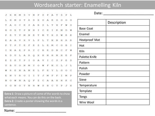 Design Technology Enamelling Kiln KS3 Wordsearch Crossword Anagram Alphabet Keyword Starter Cover