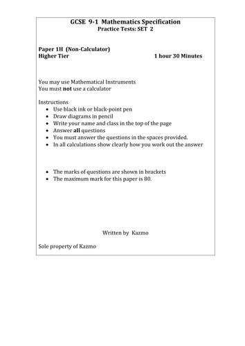 9-1 Maths Questions  1H    Set 2    (New)
