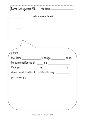Spanish All About Me gap fill readings and writing activity