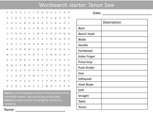 Design Technology Tenon Saw Use KS3 GCSE Wordsearch Crossword Anagram Alphabet Keyword Starter Cover