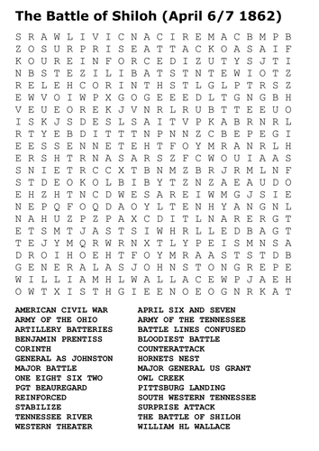 The Battle of Shiloh US Civil War Word Search