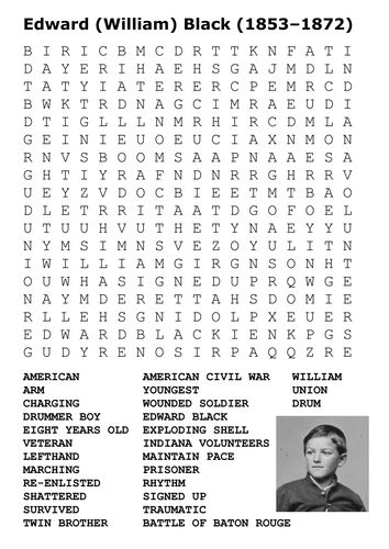 Edward (William) Black Youngest Soldier Injured in the US Civil War Word Search