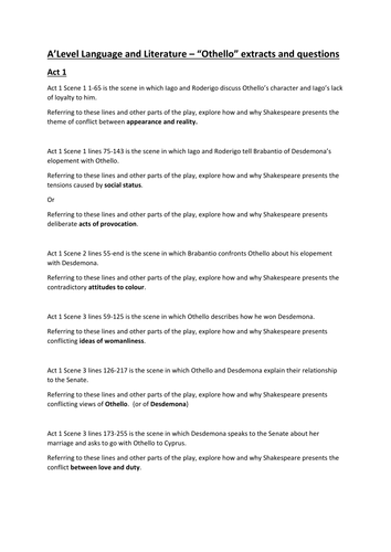 "Othello" exam questions for A'Level Language and Literature