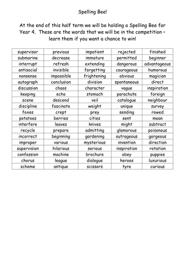 year 4 spelling bee teaching resources
