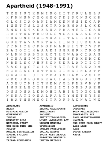 Apartheid Word Search - includes 10 page picture pack
