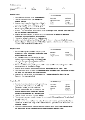 Tales of a Fourth Grade Nothing by Judy Blume comprehnsion questions by chapter