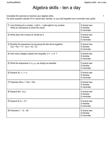 Algebra Skills (like terms, expanding, factorising)