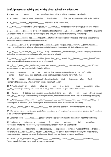 GCSE French revision - School: gapped model sentences with parallel texts (with solution)