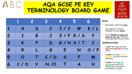 AQA GCSE PE booklet of all key definitions and interactive key word board game